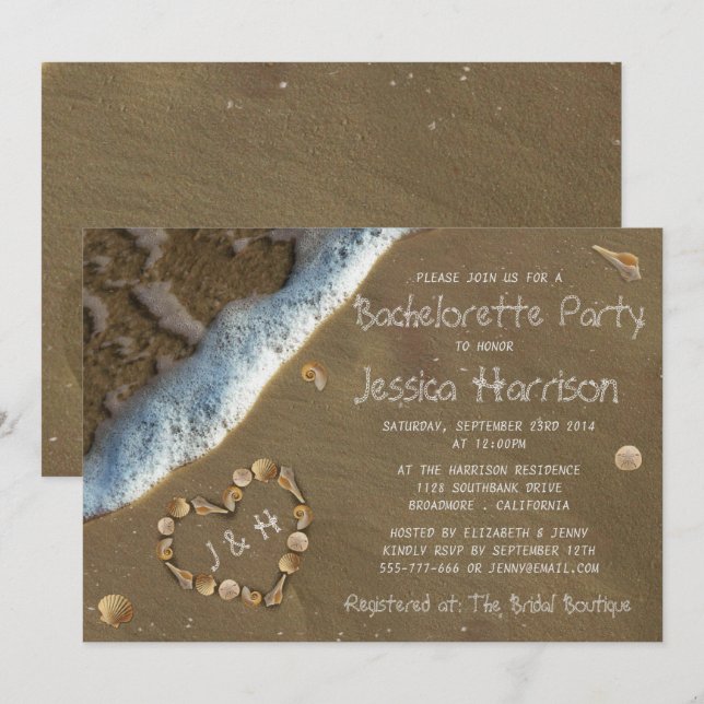 Invitación Seashell Heart Beach Bachelorette Party (Anverso / Reverso)