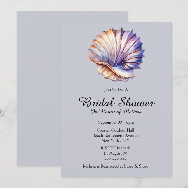 Invitación Seashell naútico playa ducha de novia azul polvori (Anverso / Reverso)
