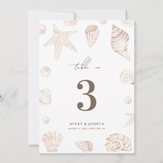 Invitación Seashells 5x7 Pearls Nautical Wedding Table Number (Anverso)