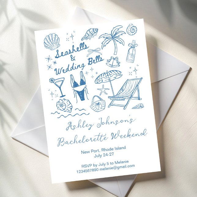 Invitación Seashells and wedding bells Bachelorette weekend (Seashells and wedding bells Bachelorette weekend party itinerary Invitation cards template)