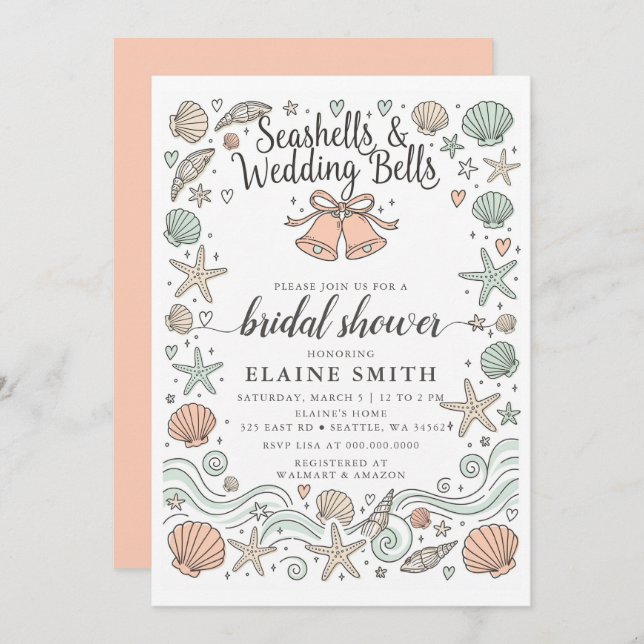 Invitación Seashells and Wedding Bells Beach Bridal Shower (Anverso / Reverso)