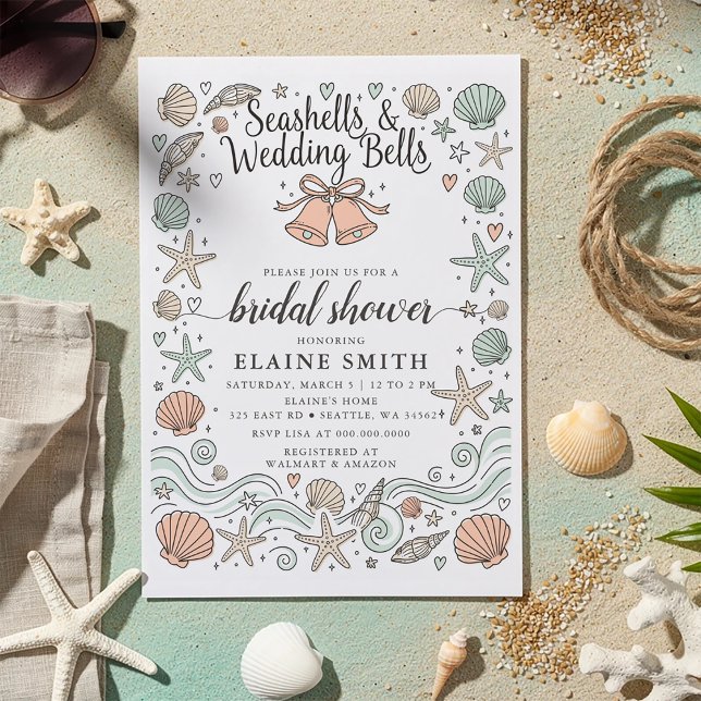Invitación Seashells and Wedding Bells Beach Bridal Shower (Seashells and Wedding Bells Beach Bridal Shower Invitation)