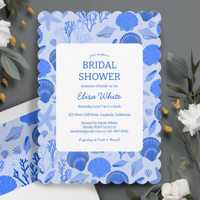 Invitación Seashells Bridal Shower Elegant Blue Beach PERSONA (Seashells Bridal Shower Elegant Blue Beach CUSTOM Wedding party Seaside Invitation)