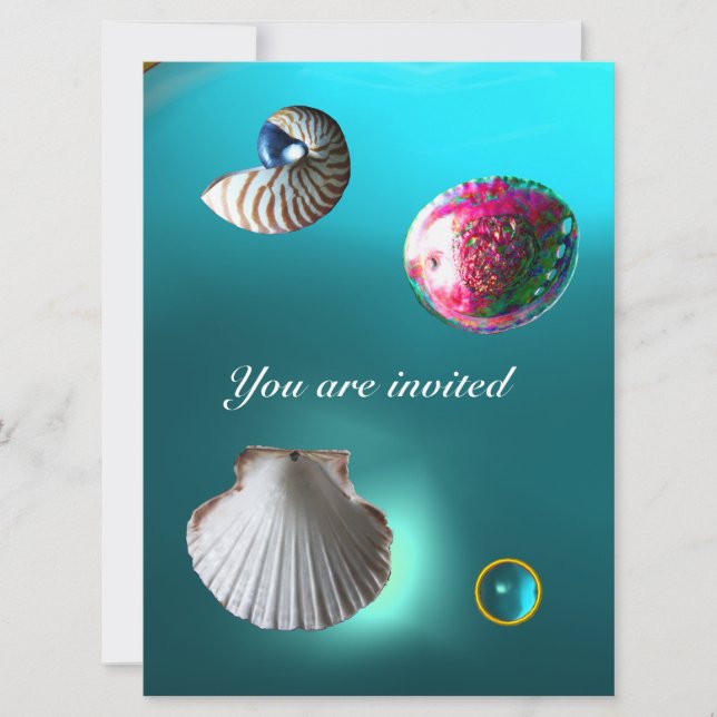 Invitación SEASHELLS DAMASK GEM BEACH BODA azul acuamarina (Anverso)