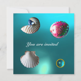 Invitación SEASHELLS DAMASK GEM BEACH BODA azul acuamarina