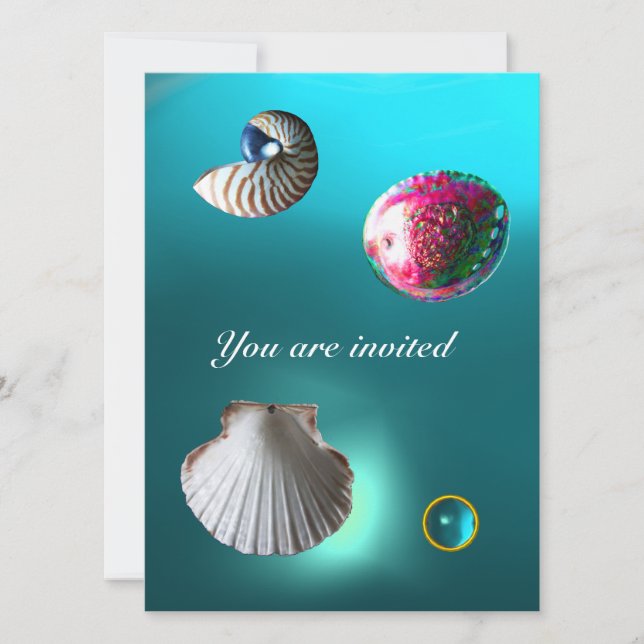 Invitación SEASHELLS DAMASK GEM BEACH BODA azul acuamarina (Anverso)