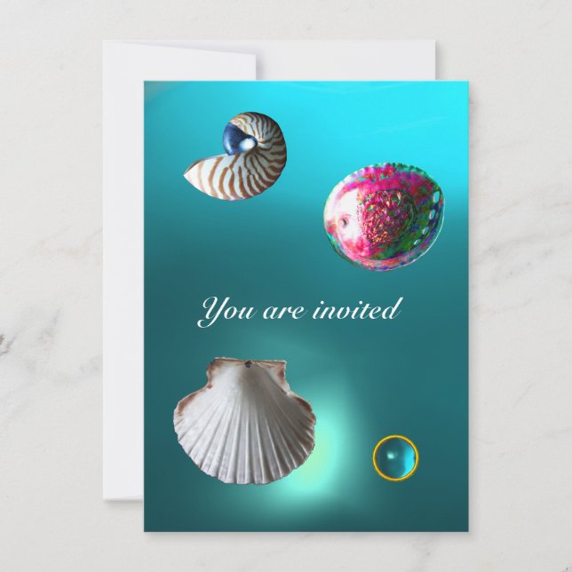 Invitación SEASHELLS DAMASK GEM BEACH BODA azul acuamarina (Anverso)