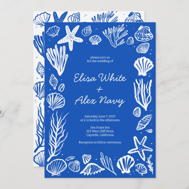 Invitación Seashells Frame Beach Wedding PERSONALIZADO Azul (Anverso / Reverso)