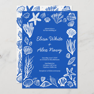 Invitación Seashells Frame Beach Wedding PERSONALIZADO Azul