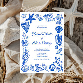 Invitación Seashells Frame Beach Wedding PERSONALIZADO Azul