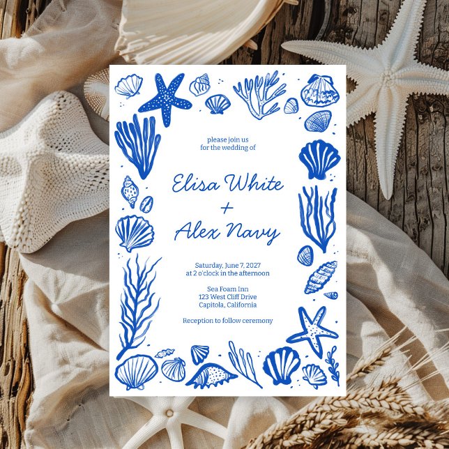 Invitación Seashells Frame Beach Wedding PERSONALIZADO Azul (Seashells Frame Beach Wedding Blue CUSTOM Invitation
)