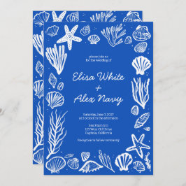 Invitación Seashells Frame Beach Wedding PERSONALIZADO Azul