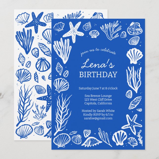 Invitación Seashells Frame Birthday Party Blue Beach PERSONAL (Anverso / Reverso)