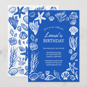 Invitación Seashells Frame Birthday Party Blue Beach PERSONAL