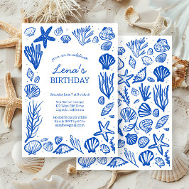 Invitación Seashells Frame Birthday Party Blue Beach PERSONAL