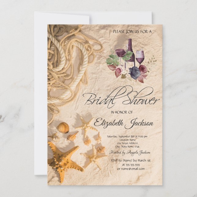 Invitación Seashells Rope Sand Burgundy Floral Bridal Shower (Anverso)