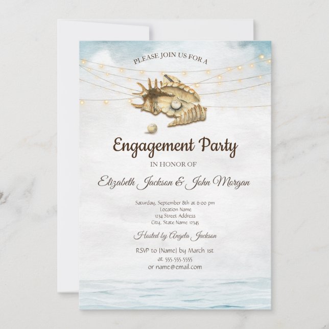 Invitación Seashells,Sea,String Lights Script Engagement (Anverso)