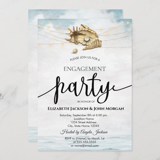 Invitación Seashells,Sea,String Lights Script Engagement (Anverso / Reverso)