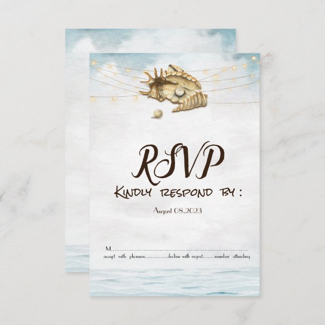 Invitación Seashells,Sea,String Lights Script Lights RSVP (Anverso / Reverso)
