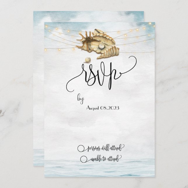 Invitación Seashells,Sea,String Lights Script RSVP (Anverso / Reverso)