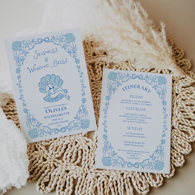 Invitación Seashells Wedding Bells Whimsical Bachelorette Blu (Seashells Wedding Bells Whimsical Bachelorette Blue Invitation)