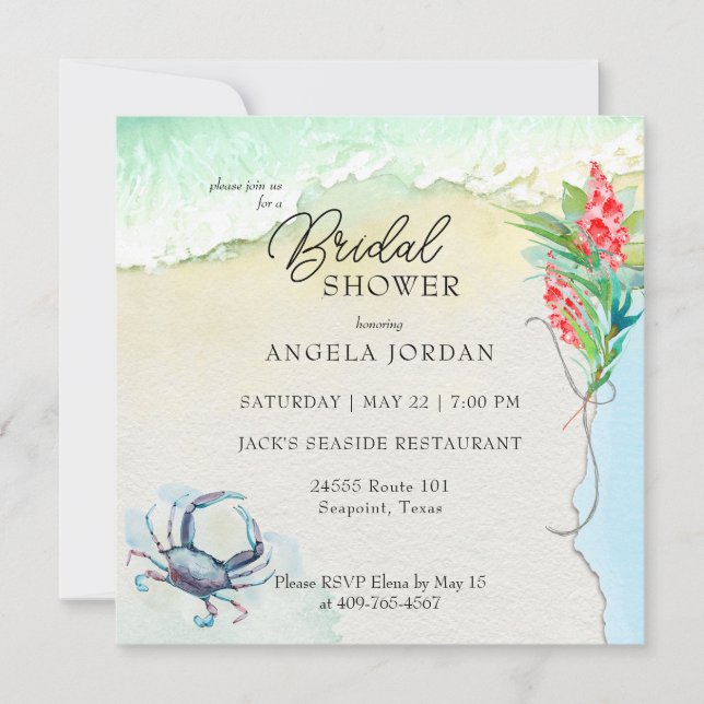Invitación Seaside Blue Crab Tropical Bridal Shower (Anverso)