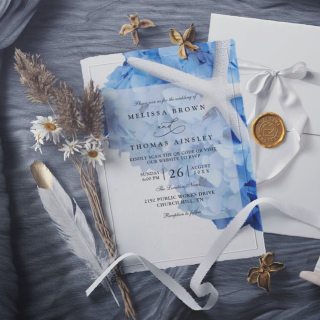 Invitación Seaside Garden Starfish Hydrangea QR Code Wedding (Subido por el creador)