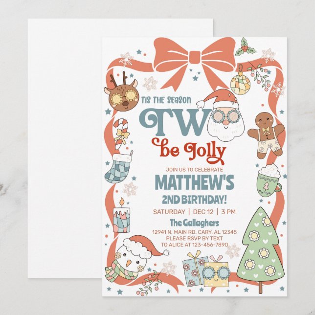 Invitación Season TWO be jolly boy Christmas 2nd birthday. (Anverso / Reverso)