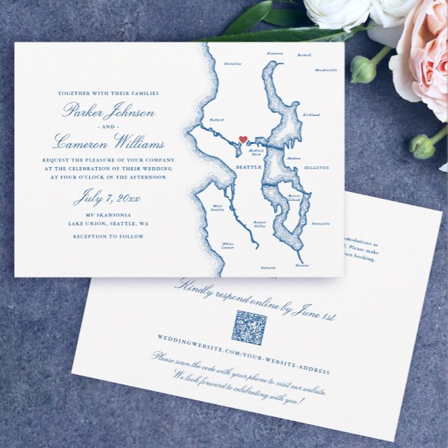 Invitación Seattle código QR todo en uno RSVP Boda Azul (Seattle Budget Wedding Invitations All in one, QR code RSVP elegant Navy Blue by Coastal Map Designs)