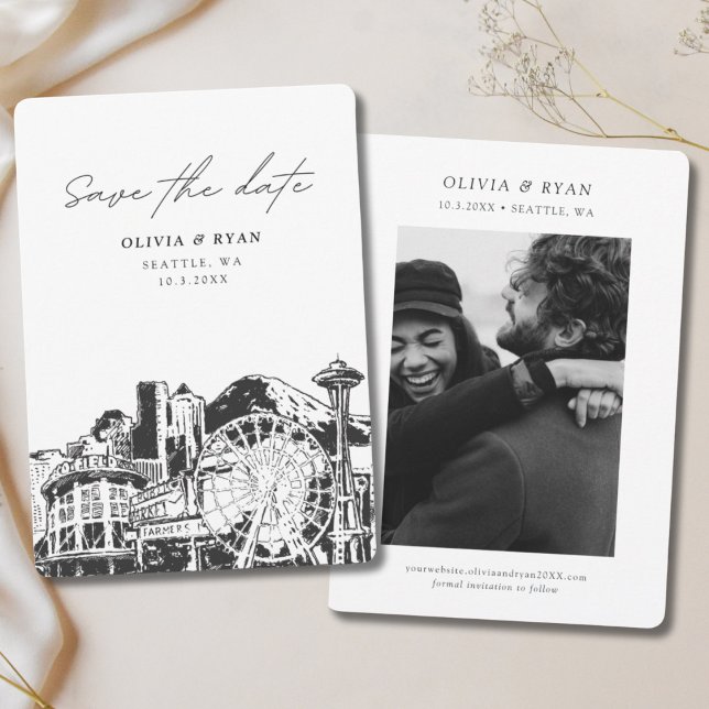 Invitación Seattle Salva al Boda del Skyline Downtown (Seattle Skyline Save the Date Abstract Sketch Vertical Engagement photo Black White Wedding Website)