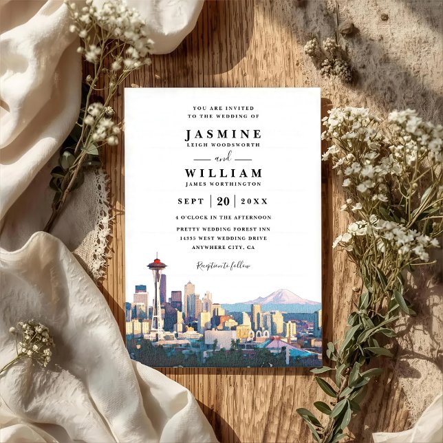Invitación SEATTLE Skyline Destination Modern QR Code Wedding (Subido por el creador)