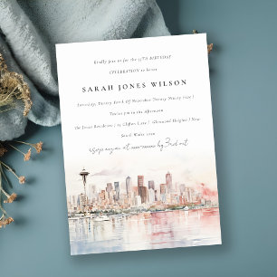 Invitación Seattle Washington Acuarela Paisaje Cumpleaños
