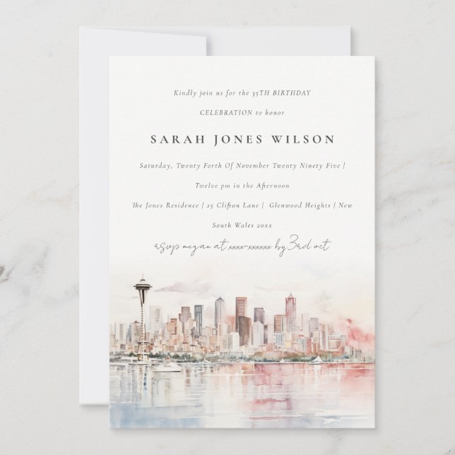 Invitación Seattle Washington Watercolor Landscape Birthday (Anverso)