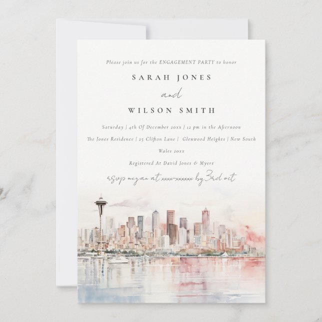 Invitación Seattle Washington Watercolor Landscape Engagement (Anverso)