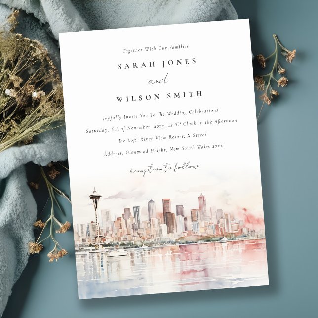 Invitación Seattle, Washington Watercolor Landscape Wedding (Subido por el creador)