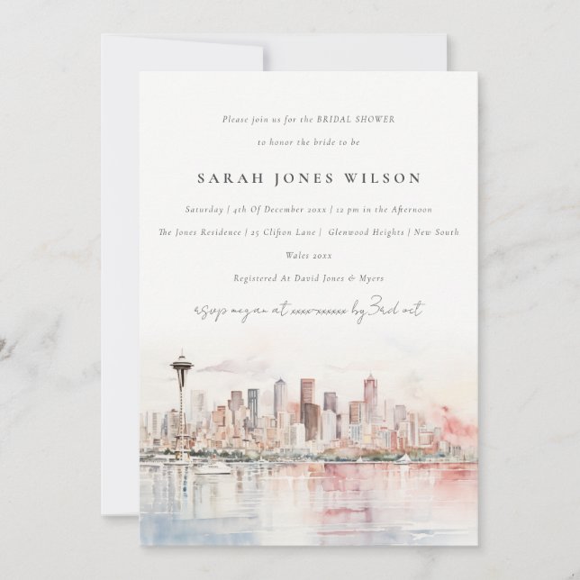 Invitación Seattle Washington Watercolor Scape Bridal Shower (Anverso)