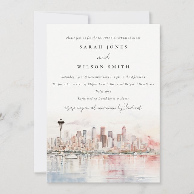 Invitación Seattle Washington Watercolor Scape Couples Shower (Anverso)