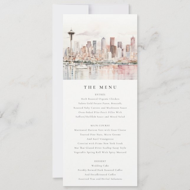 Invitación Seattle Washington Watercolor Scape Wedding Menu (Anverso)