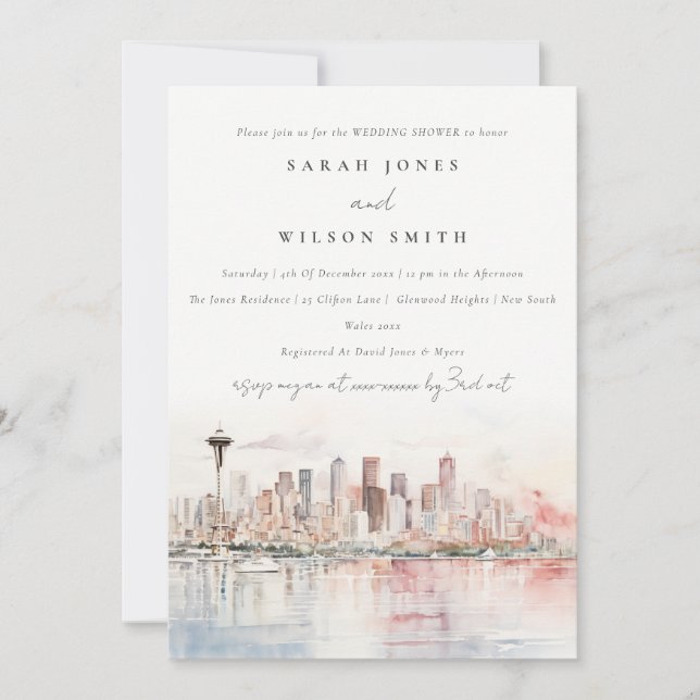 Invitación Seattle Washington Watercolor Scape Wedding Shower (Anverso)