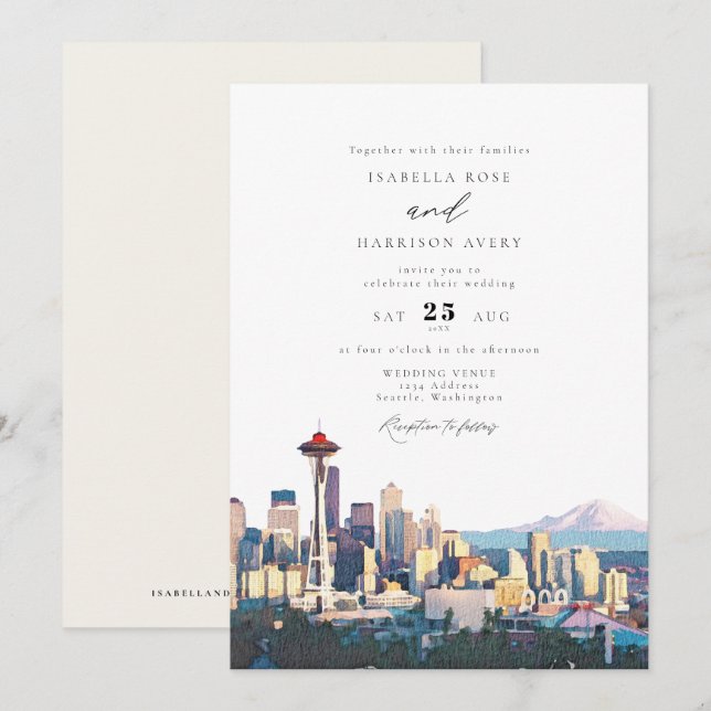 Invitación SeATTLE Watercolor Skyline Destination Wedding (Anverso / Reverso)