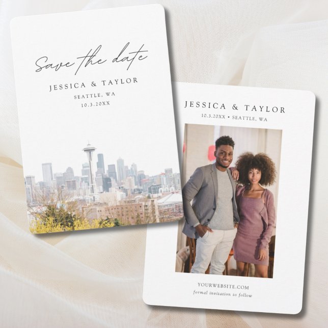 Invitación Seattle Wedding Save the Date (Seattle Wedding Save the Date Vertical Engagement Photo)