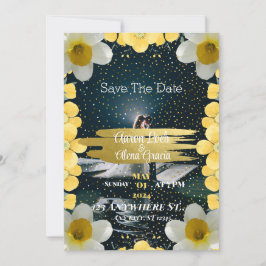 Invitación seca adornada con flores narcisitas