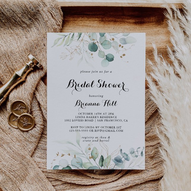 Invitación Secador de novias rustico eucalipto Gold Calligrap (Subido por el creador)