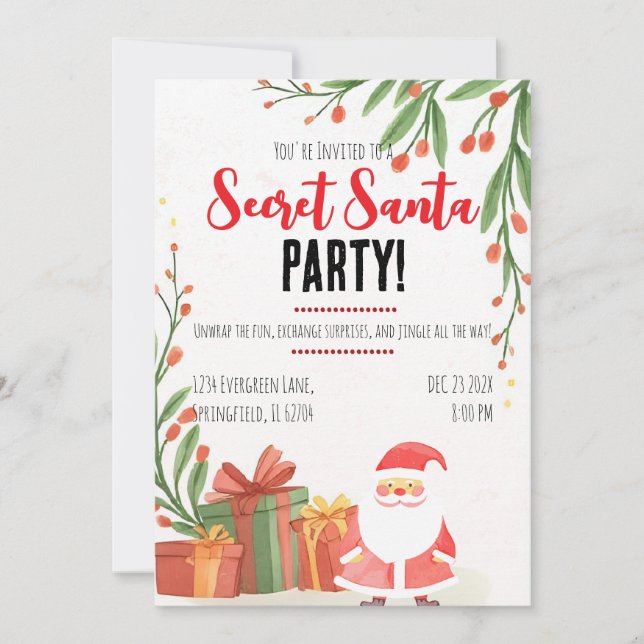 Invitación Secret Santa Watercolor Christmas Party  (Anverso)