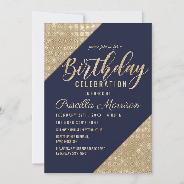 Invitación Secuencia de Purpurinas de Faux Azul de la Marina  (Anverso)