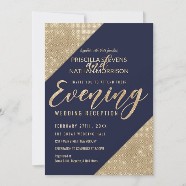 Invitación Secuencia de Purpurinas de Faux Blue de la Marina  (Anverso)