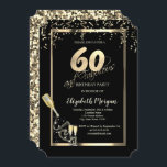 Invitación Secuencias de oro, botella de vidrio de vino 60 cu<br><div class="desc">Secuencias de oro,  copa de champán,  botella y confeti sobre fondo negro.</div>
