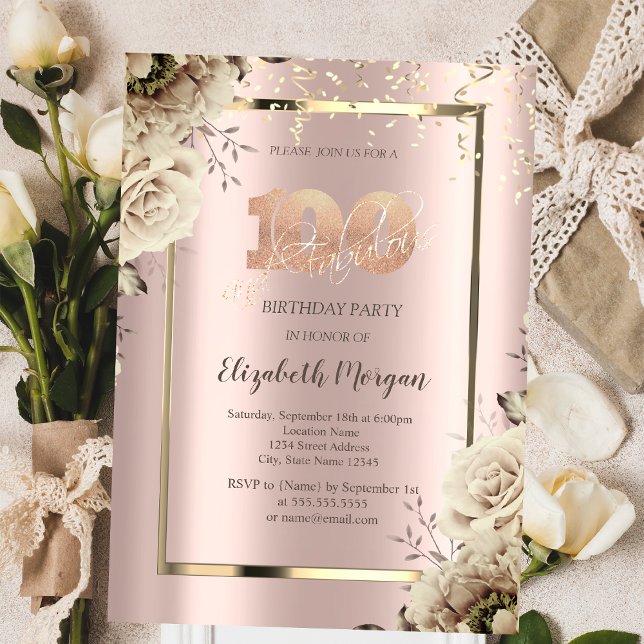 Invitación Secuencias de oro, flores Subió oro 100 cumpleaños (Subido por el creador)
