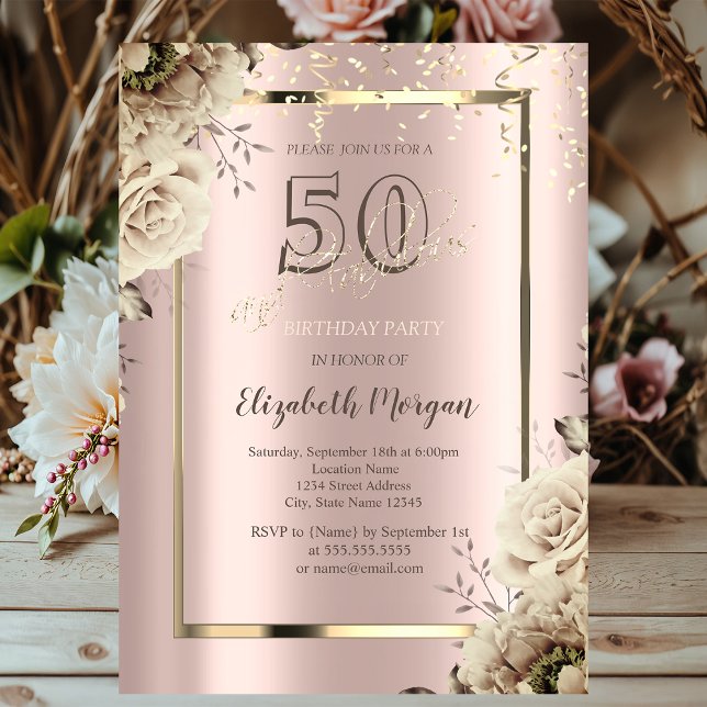 Invitación Secuencias de oro, flores Subió oro 50 cumpleaños (Subido por el creador)