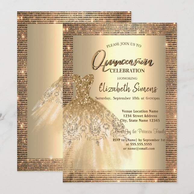 Invitación Secuencias de oro, vestido de Moda Quinceañera (Anverso / Reverso)